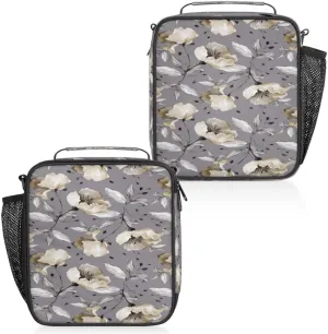 Fashion Flower Gray Insulated Lunch Bag Reusable Waterproofing Lunch Box with Shoulder Strap Handle and Water Bottle Net Bag for Travel Camping Beach Picnic