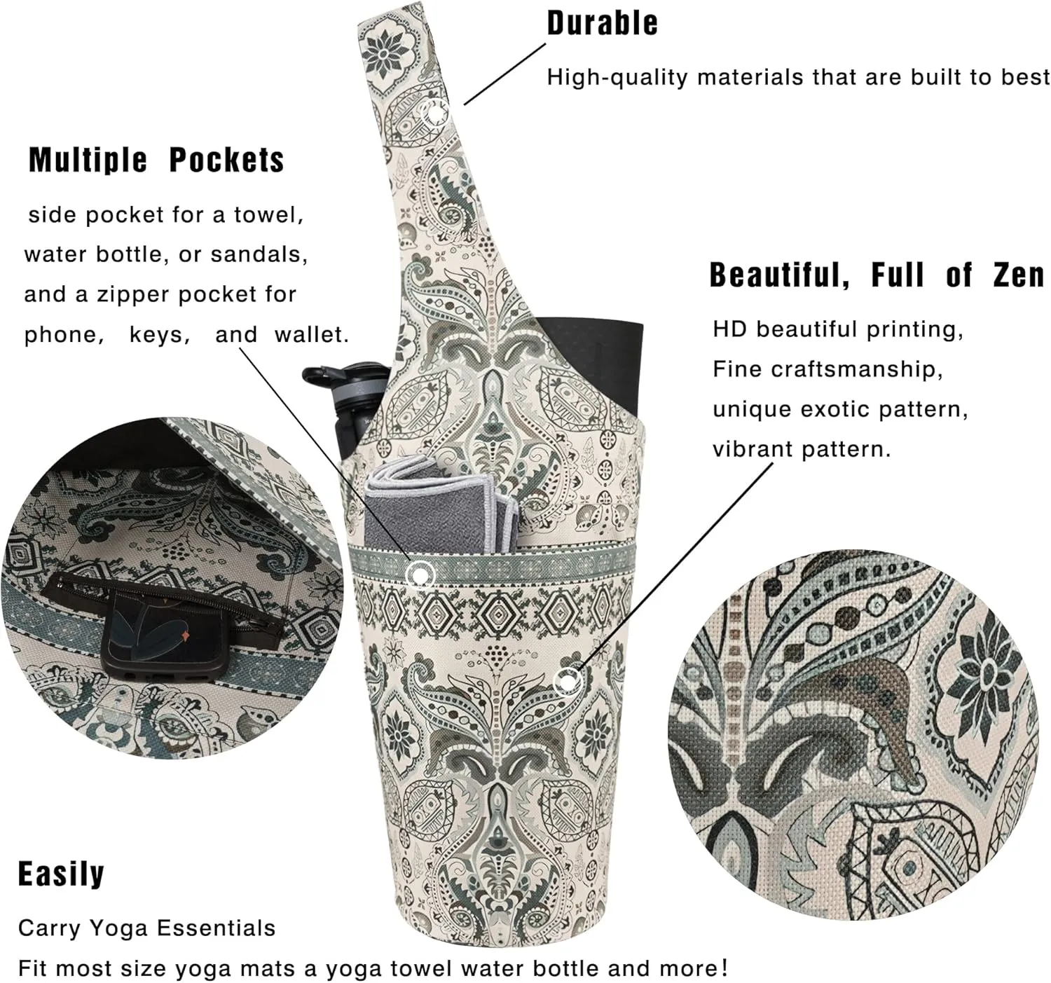 Fashion Printed Yoga Mat Bag with Large Side Pocket & Zipper Pocket Long Tote Yoga Bag Fit Most Size Mats - Holds More Yoga Accessories