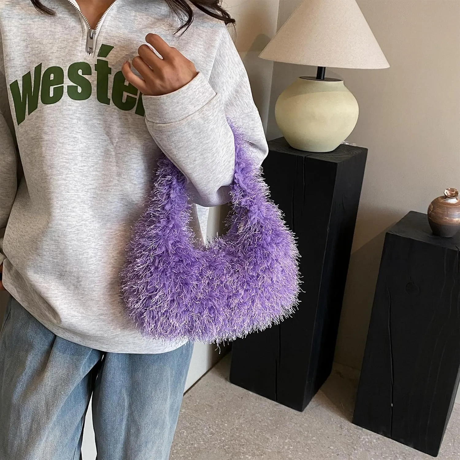 Faux Fur Fluffy Hobo Bag Furry Handbag Purse Y2K Fuzzy Tote Bag,Trendy Cute Plush Purse for Women
