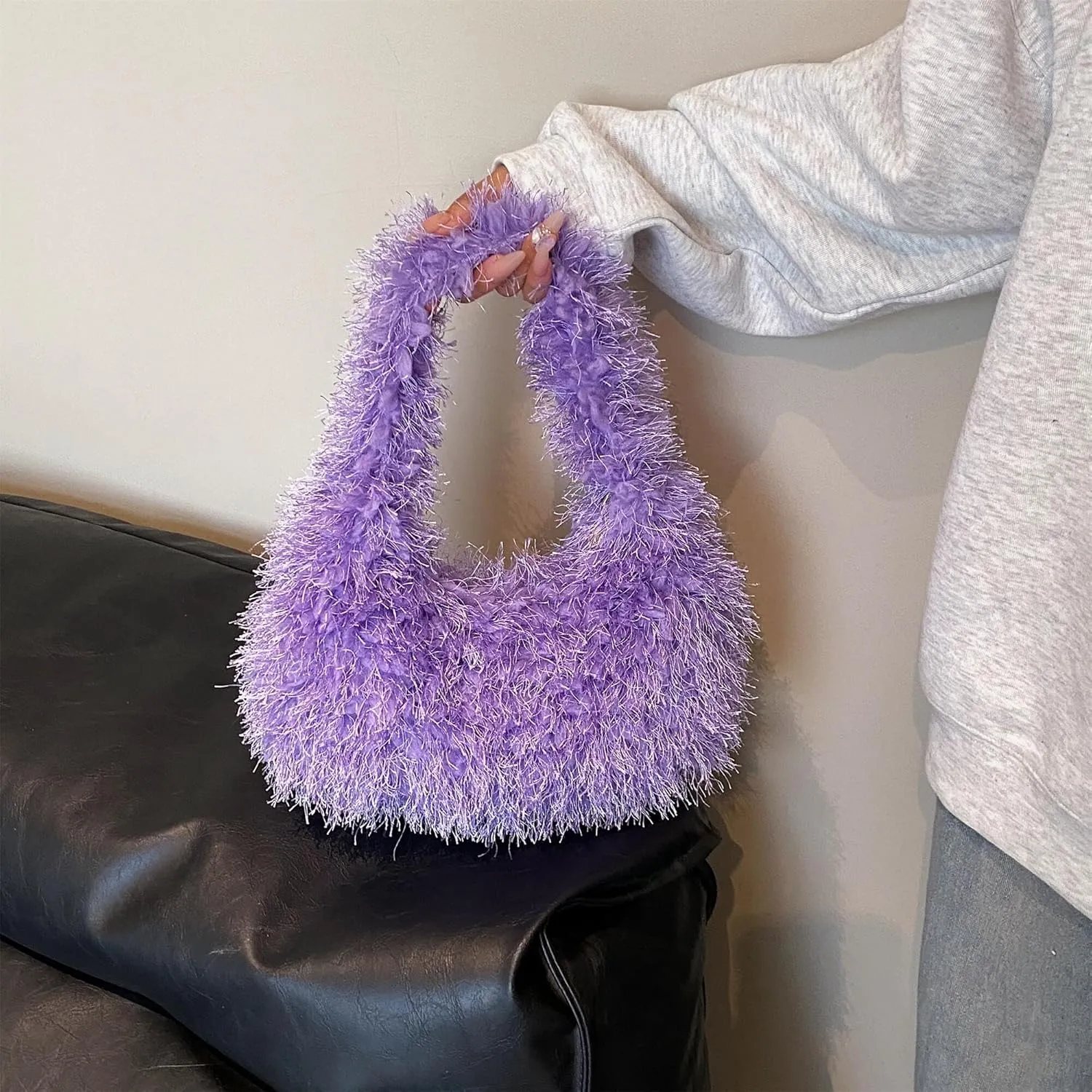 Faux Fur Fluffy Hobo Bag Furry Handbag Purse Y2K Fuzzy Tote Bag,Trendy Cute Plush Purse for Women