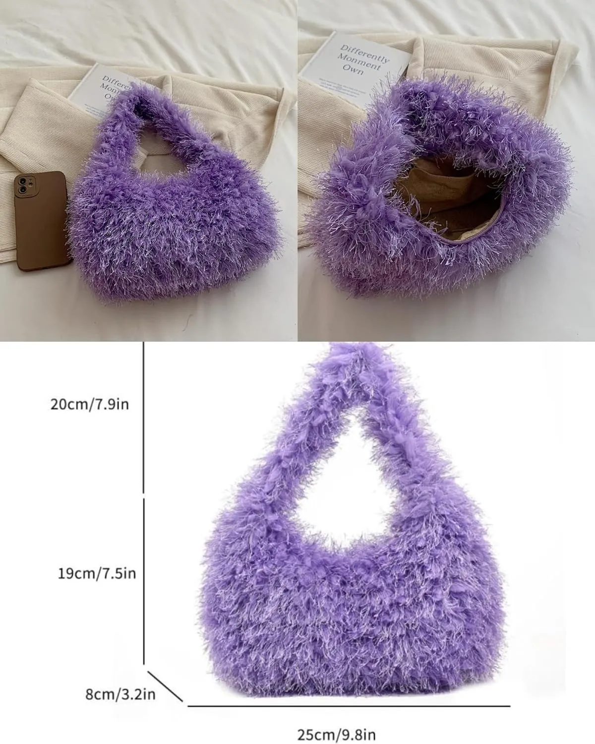 Faux Fur Fluffy Hobo Bag Furry Handbag Purse Y2K Fuzzy Tote Bag,Trendy Cute Plush Purse for Women