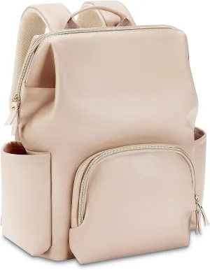 Faux Leather Diaper Bag Backpack with Waterproof Pockets,Stroller Buckle and Changing Pad - 35L Large Mommy Bag for Boy and Girl - Stylish Baby Shower Gifts (Apricot)