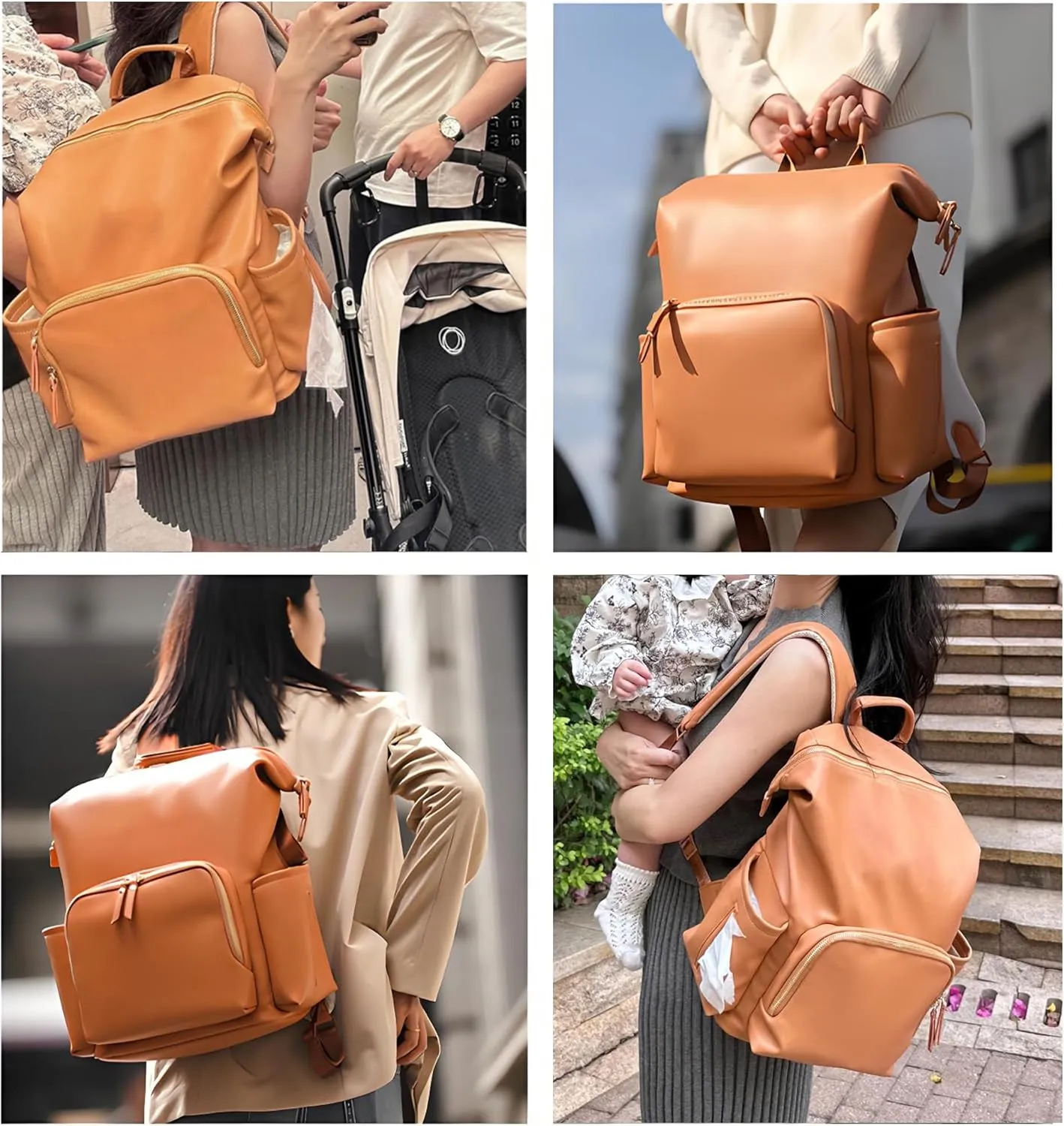 Faux Leather Diaper Bag Backpack with Waterproof Pockets,Stroller Buckle and Changing Pad - 35L Large Mommy Bag for Boy and Girl - Stylish Baby Shower Gifts (Orange)