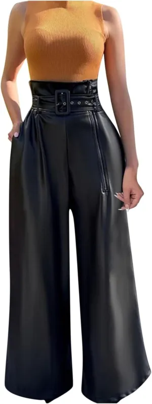 Faux Leather Flare Leg Pants Trousers High Waisted Ruched Zipper Leather Trousers PU Leather Stacked Skinny Pants