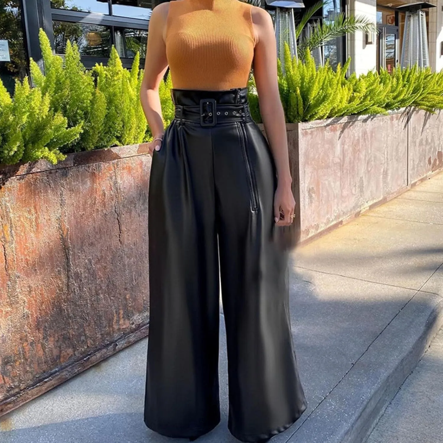 Faux Leather Flare Leg Pants Trousers High Waisted Ruched Zipper Leather Trousers PU Leather Stacked Skinny Pants
