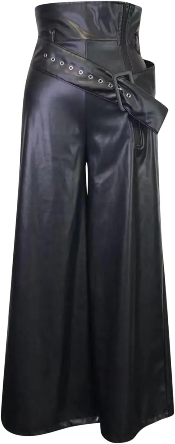 Faux Leather Flare Leg Pants Trousers High Waisted Ruched Zipper Leather Trousers PU Leather Stacked Skinny Pants