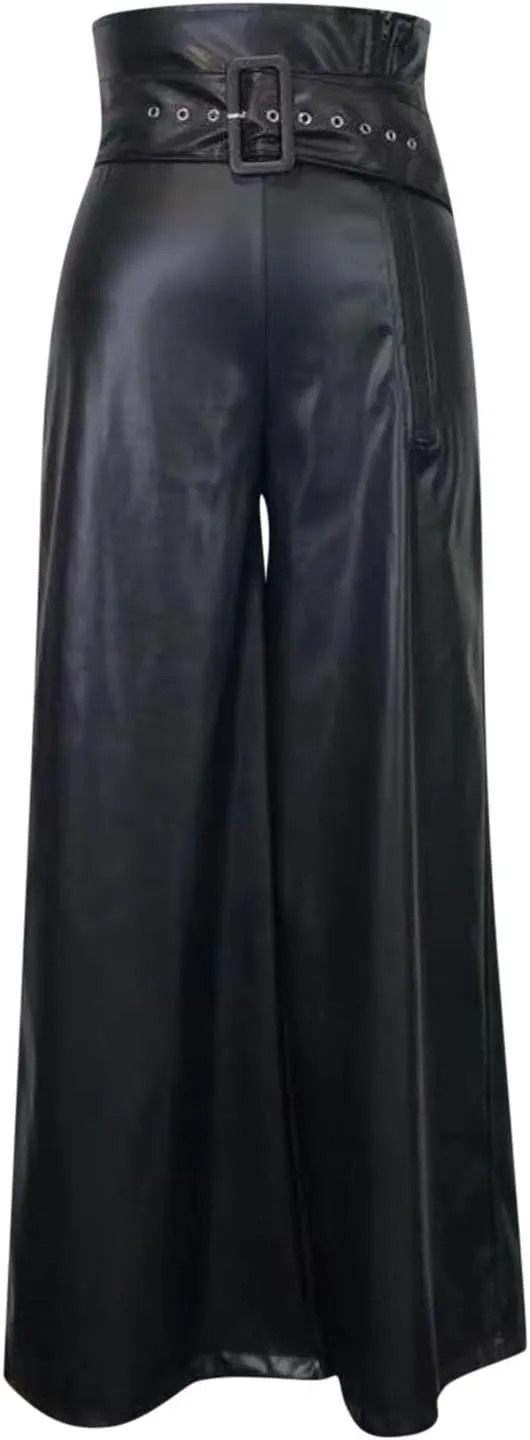 Faux Leather Flare Leg Pants Trousers High Waisted Ruched Zipper Leather Trousers PU Leather Stacked Skinny Pants