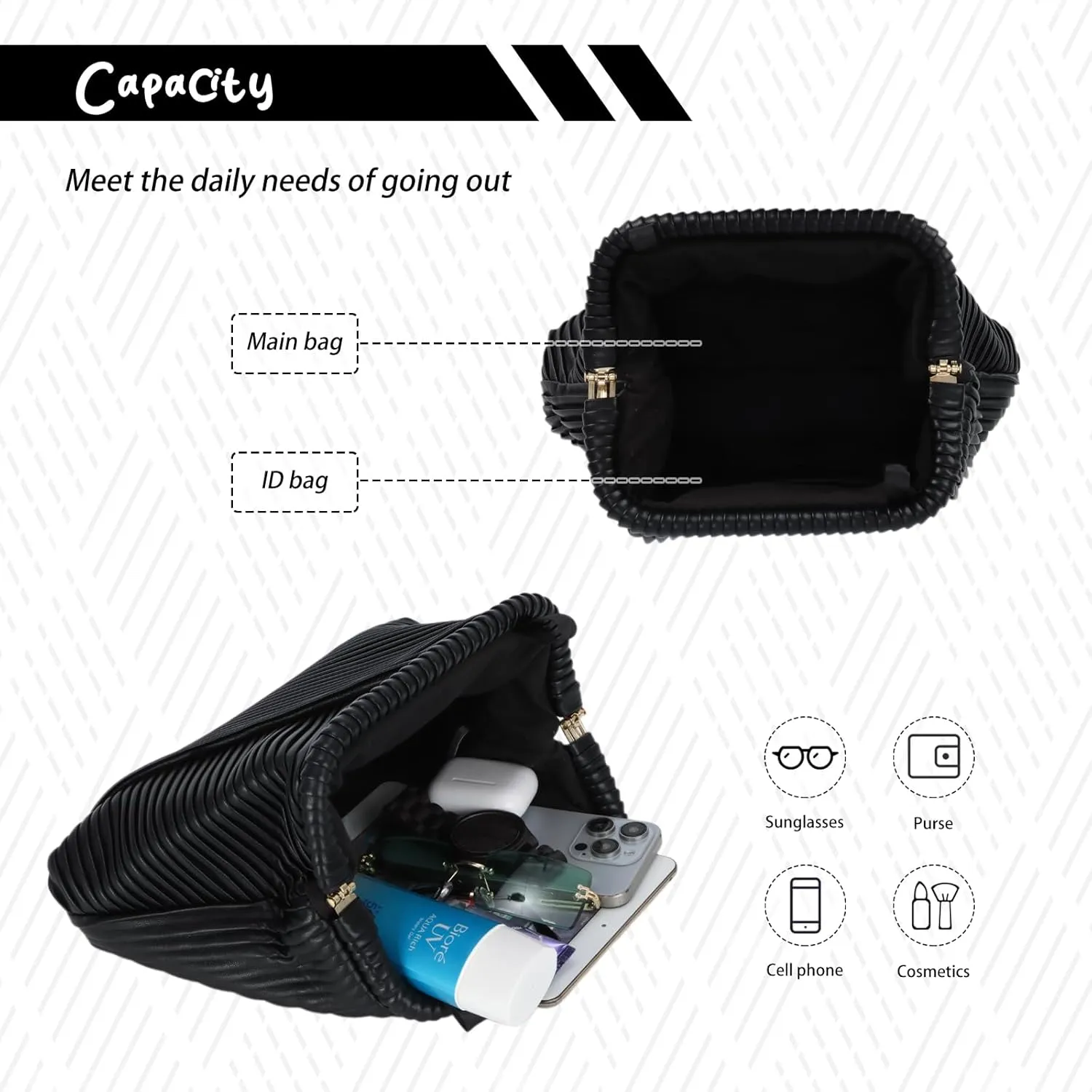 Fecialy Ruched Clutch Purse for Women Formal PU Leather Evening Bag Soft Pleated Handbags with Chain Crossbody Bag