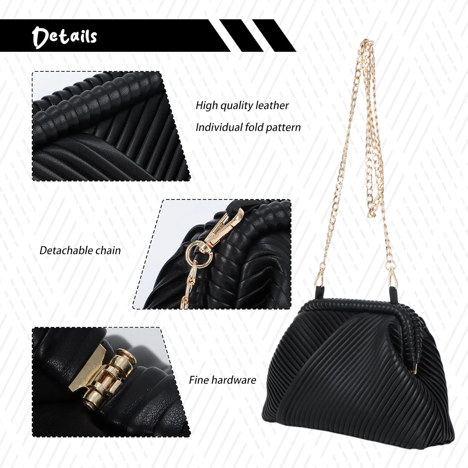 Fecialy Ruched Clutch Purse for Women Formal PU Leather Evening Bag Soft Pleated Handbags with Chain Crossbody Bag