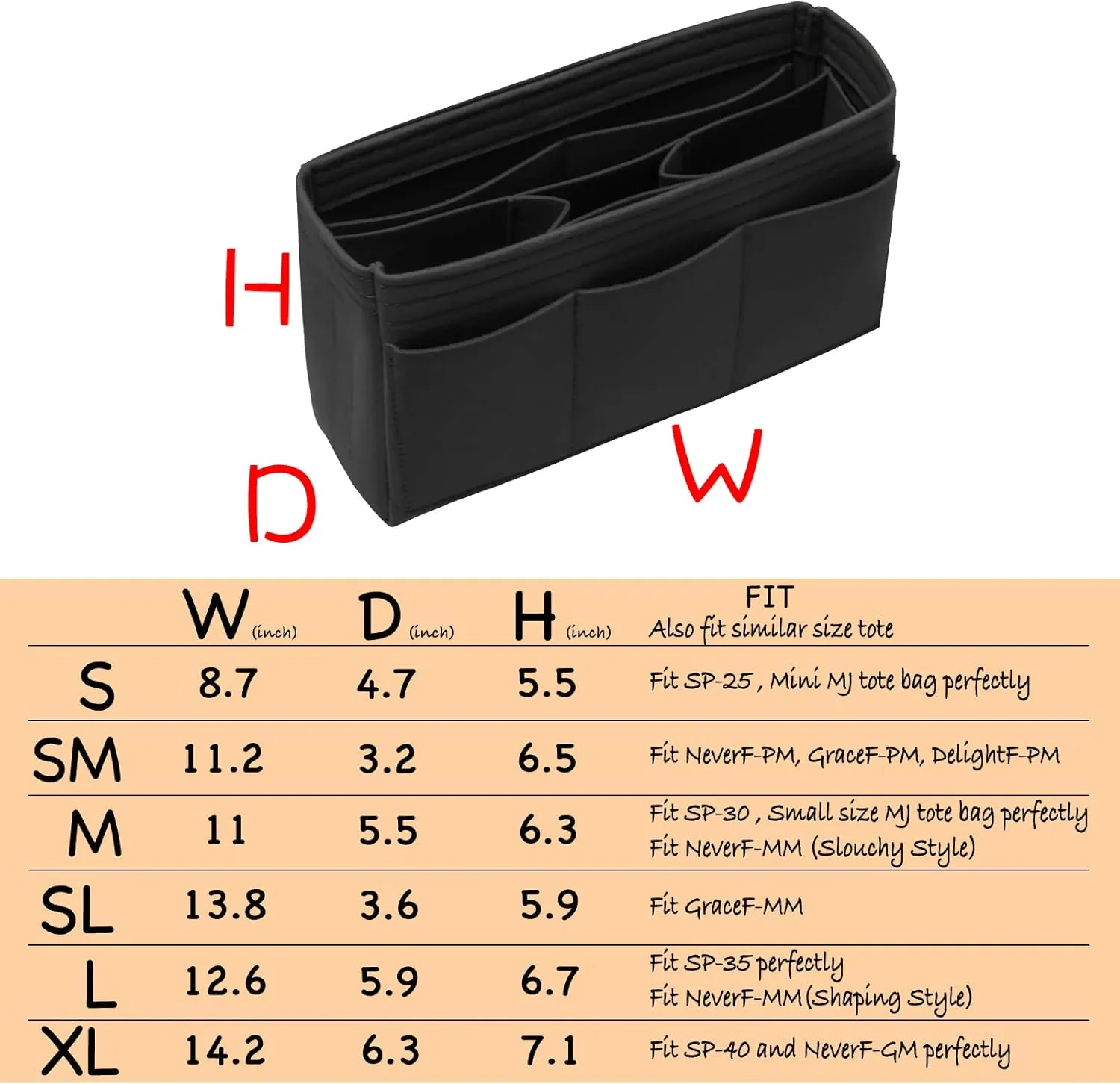 Felt Bag Organizer Insert - Pursue or Tote - 14 Pockets - Black Slender Medium