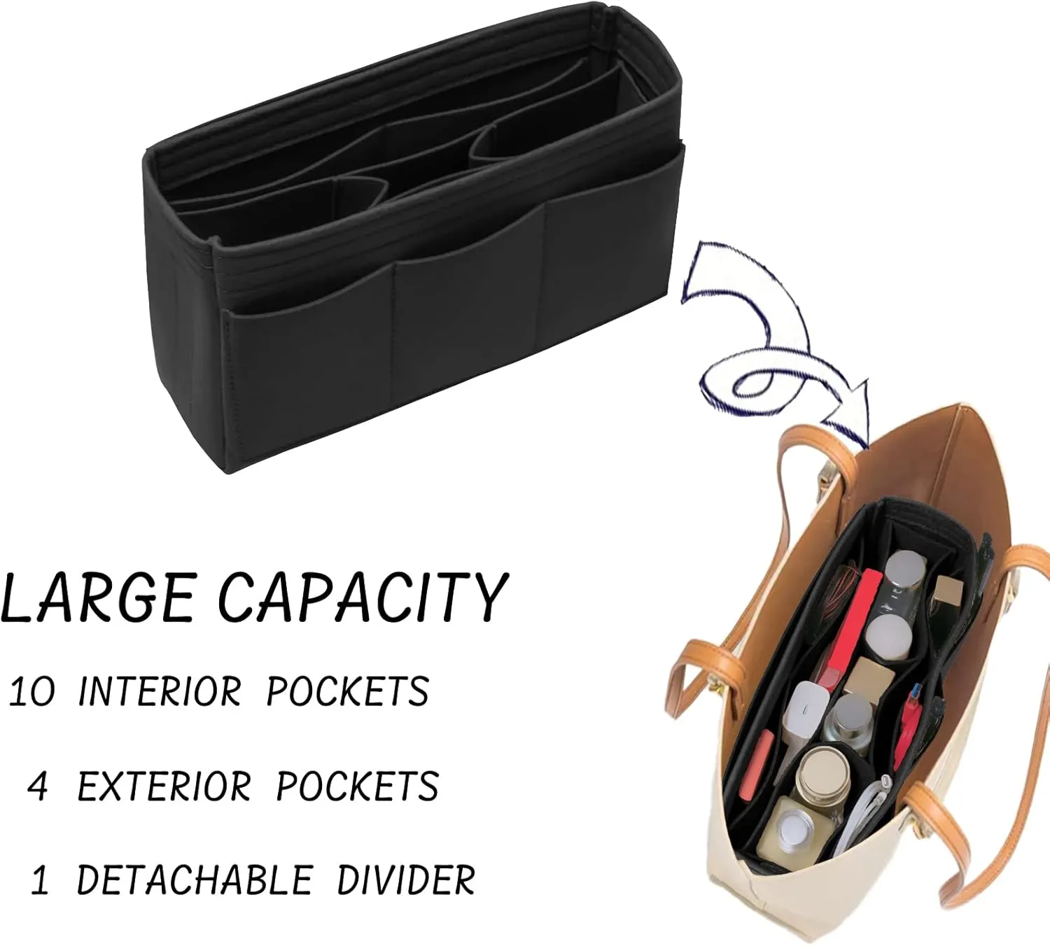 Felt Bag Organizer Insert - Pursue or Tote - 14 Pockets - Black Slender Medium