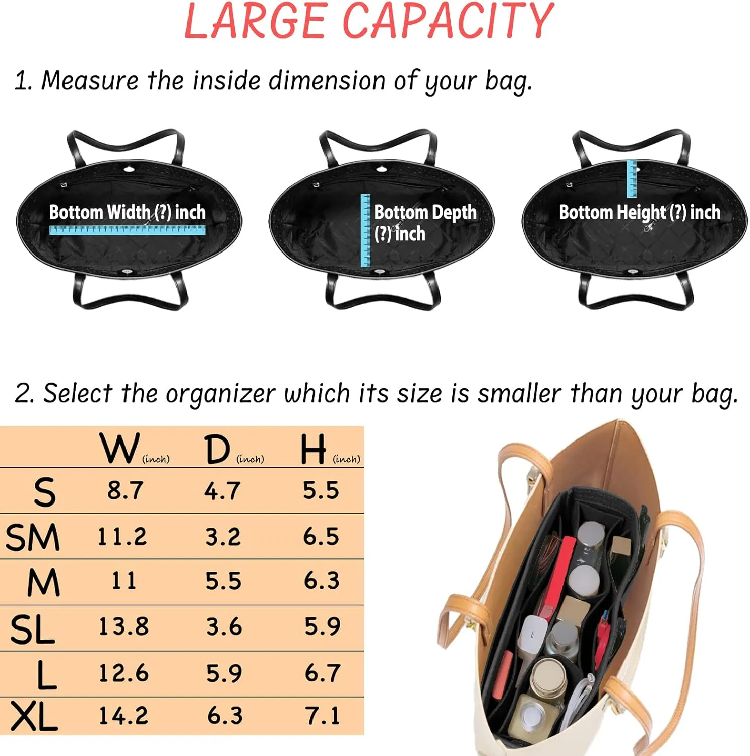 Felt Bag Organizer Insert - Pursue or Tote - 14 Pockets - Black Slender Medium