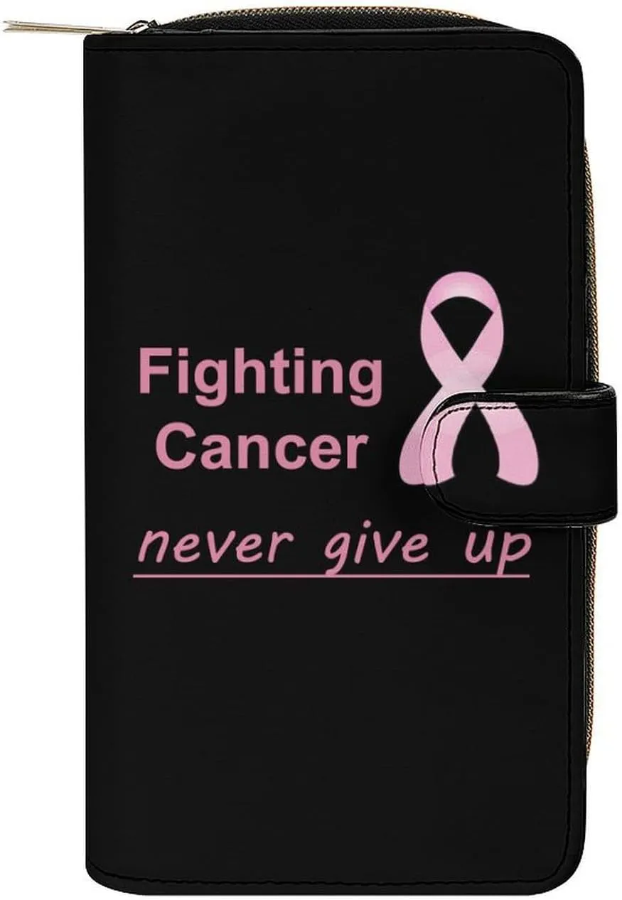 Fighting Cancer Never Give Up Womens Wallet Leather Card Holder Purse RFID Blocking Bifold Clutch Handbag with Zipper Pocket 19.7x11x3.5cm