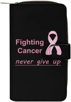 Fighting Cancer Never Give Up Womens Wallet Leather Card Holder Purse RFID Blocking Bifold Clutch Handbag with Zipper Pocket 19.7x11x3.5cm