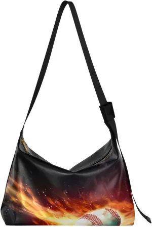 Fireball Baseball Flame Dark Tote Bag for Women Large Hobo Bags Cross Body Purse Casual Handbags with Adjustable Strap for Women Men