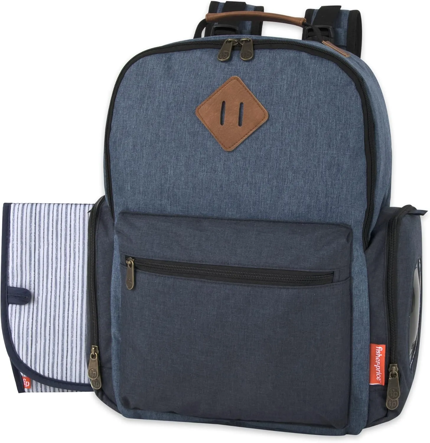 Fisher-Price Multi-Pocket Multifunction Baby Essentials Travel Diaper Bag Backpack with Matching Changing Pad, Insulated Bottle Pocket, Wipes Case and Stroller Straps in Large Unisex Blue River