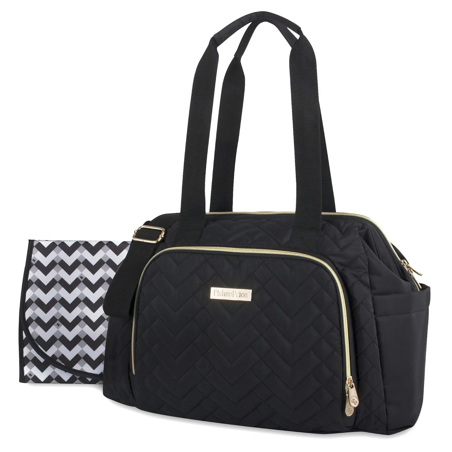 Fisher-Price Quilted Diaper Bag Tote & Convertible Crossbody with Adjustable Strap, Insulated Bottle Pocket, & Changing Pad
