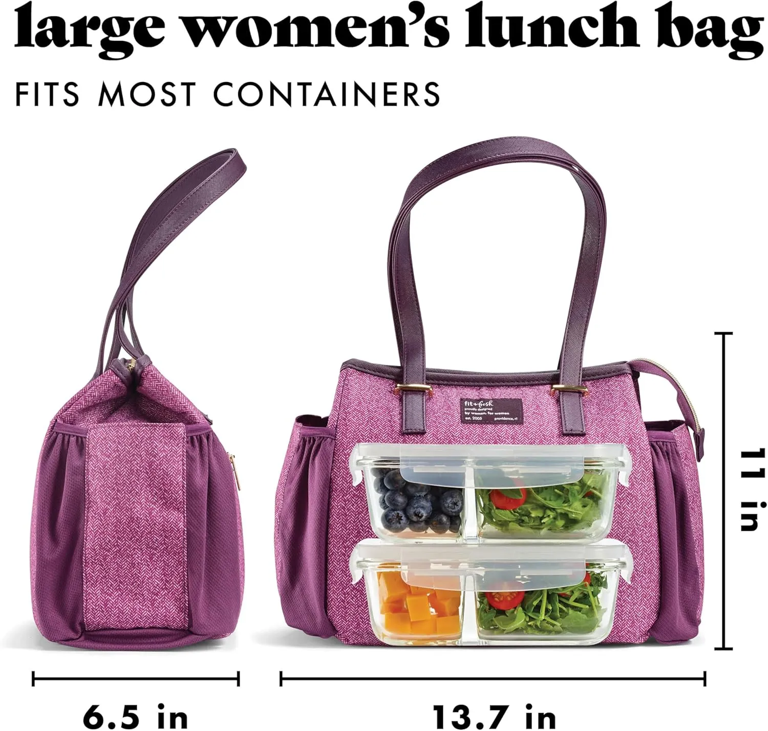 Fit & Fresh Lunch Bag For Women, Insulated Womens Lunch Bag For Work, Leakproof & Stain-Resistant Large Lunch Box For Women With Containers and Zipper Closure Copley Bag, Plum