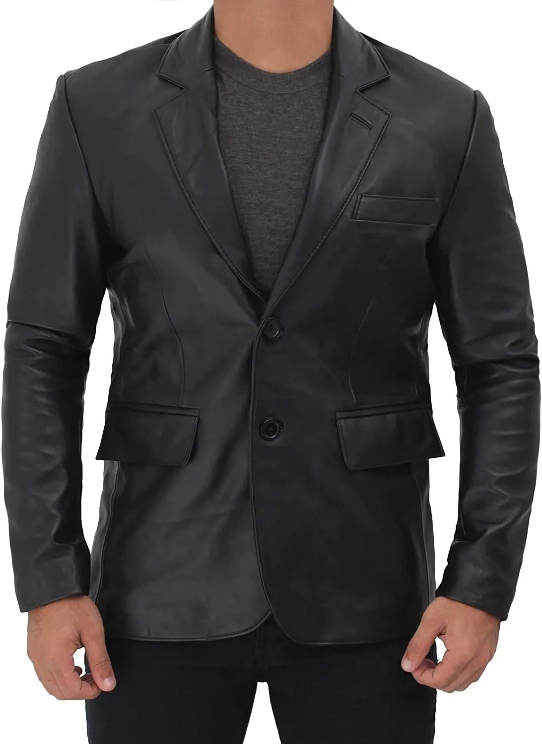 fjackets Men's Real Lambskin Leather Blazer Jacket – Stylish Leather Jackets Mens, Ideal for Business, Casual & Formal Events