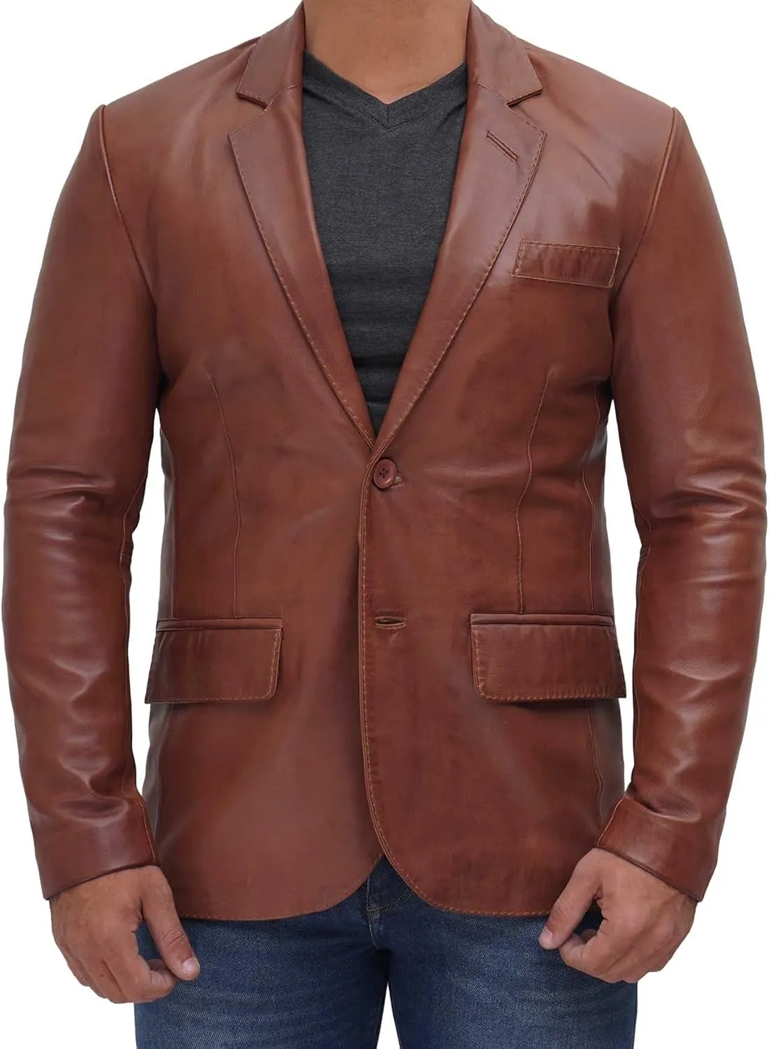 fjackets Men's Real Lambskin Leather Blazer Jacket – Stylish Leather Jackets Mens, Ideal for Business, Casual & Formal Events