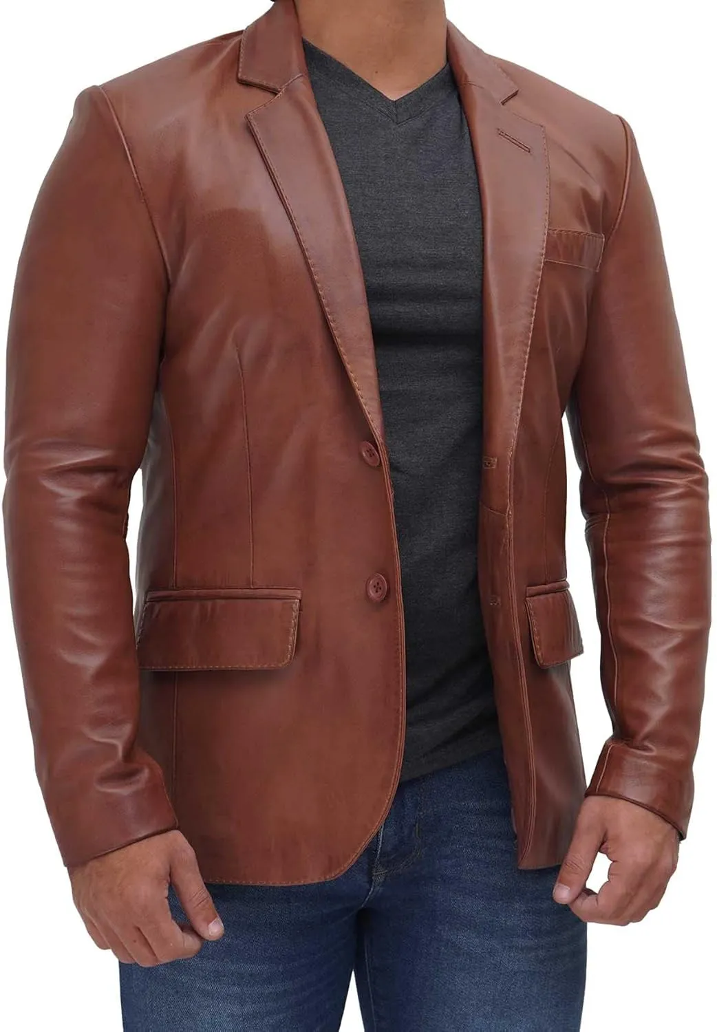 fjackets Men's Real Lambskin Leather Blazer Jacket – Stylish Leather Jackets Mens, Ideal for Business, Casual & Formal Events