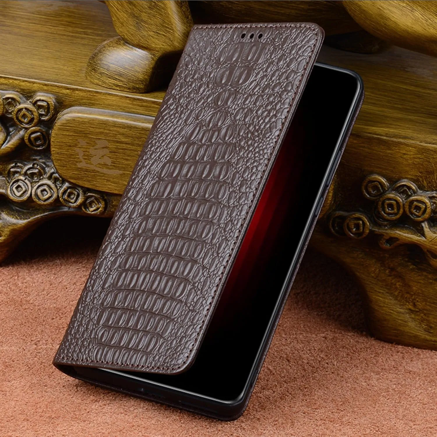 Flip Case for Vertu METAVERTU2, Genuine Leather Business Cover with Crocodile Pattern Design Shockproof Protection Luxury Case,Brown,METAVERTU2