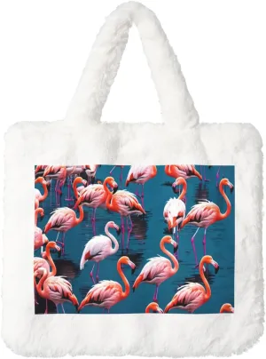 Flock of tropical flamingos Printed Plush Handbag, White Soft Faux Rabbit Fur Shoulder Bag for Women, Suitable for Autumn and Winter