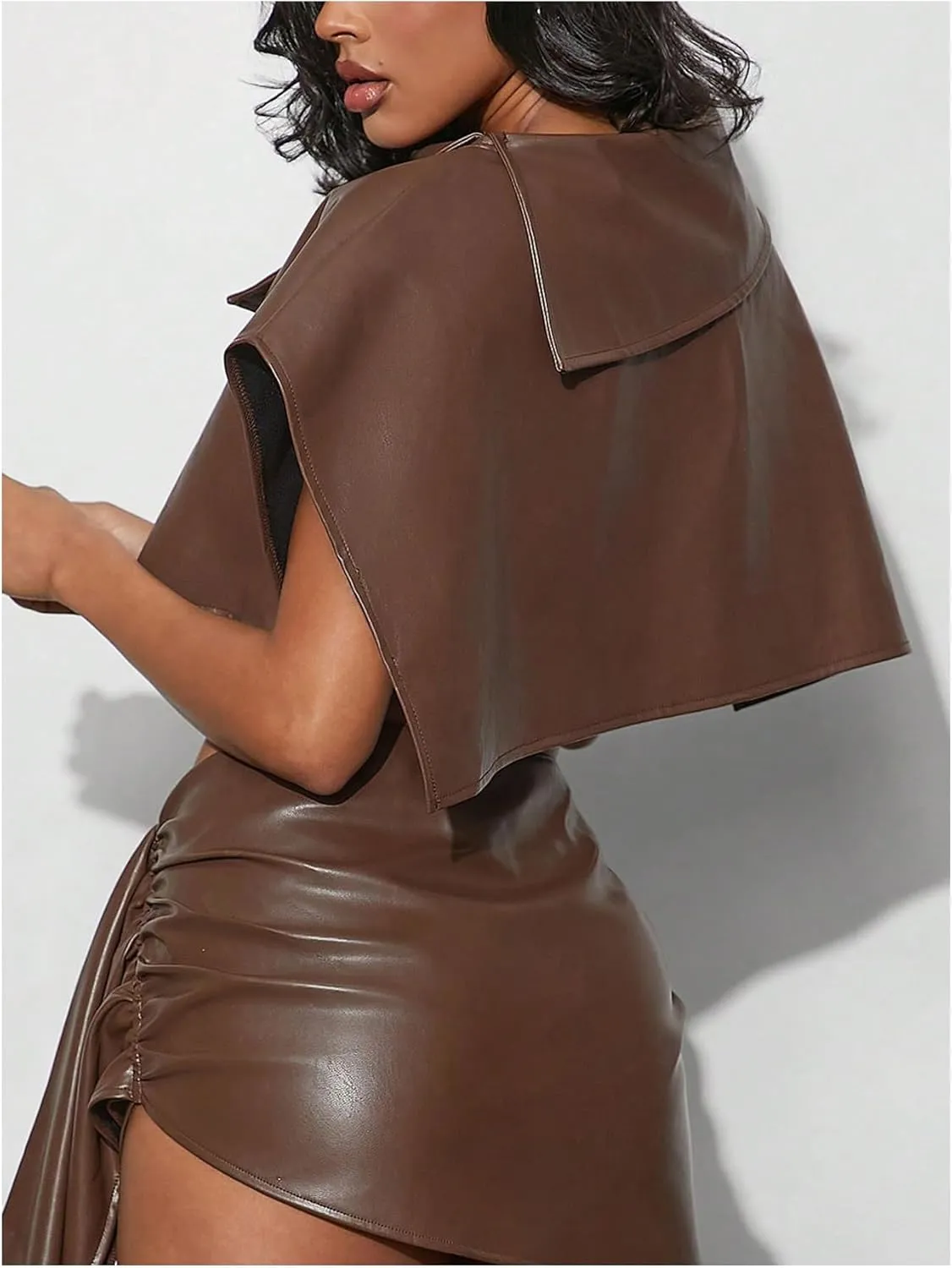 Floerns Women's Leather Dolman Sleeve Crop Tops Asymmetrical Neck Western Blouse