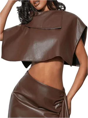 Floerns Women's Leather Dolman Sleeve Crop Tops Asymmetrical Neck Western Blouse