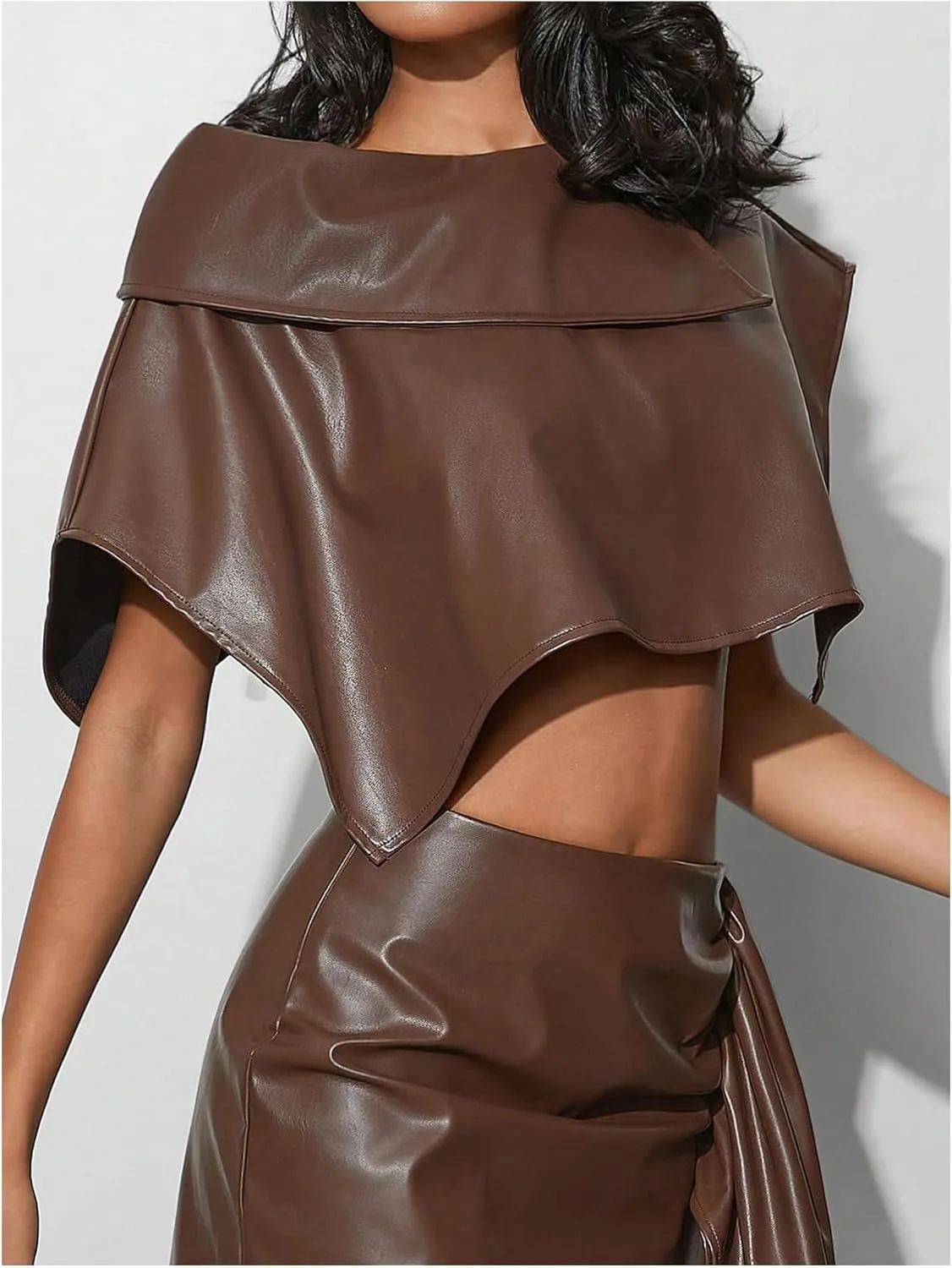 Floerns Women's Leather Dolman Sleeve Crop Tops Asymmetrical Neck Western Blouse
