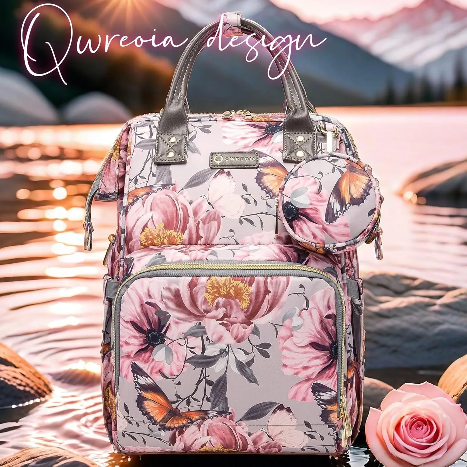 Floral Diaper Bag Backpack with Coin Bag USB Charging Port Stroller Straps and Insulated Pocket,Travel Nappy Backpack For Women/Mom (Grey Pink Flower Pattern)