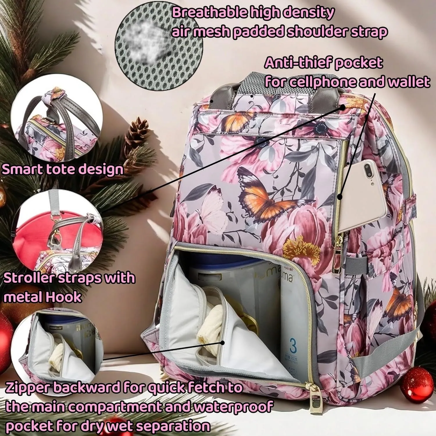 Floral Diaper Bag Backpack with Coin Bag USB Charging Port Stroller Straps and Insulated Pocket,Travel Nappy Backpack For Women/Mom (Grey Pink Flower Pattern)
