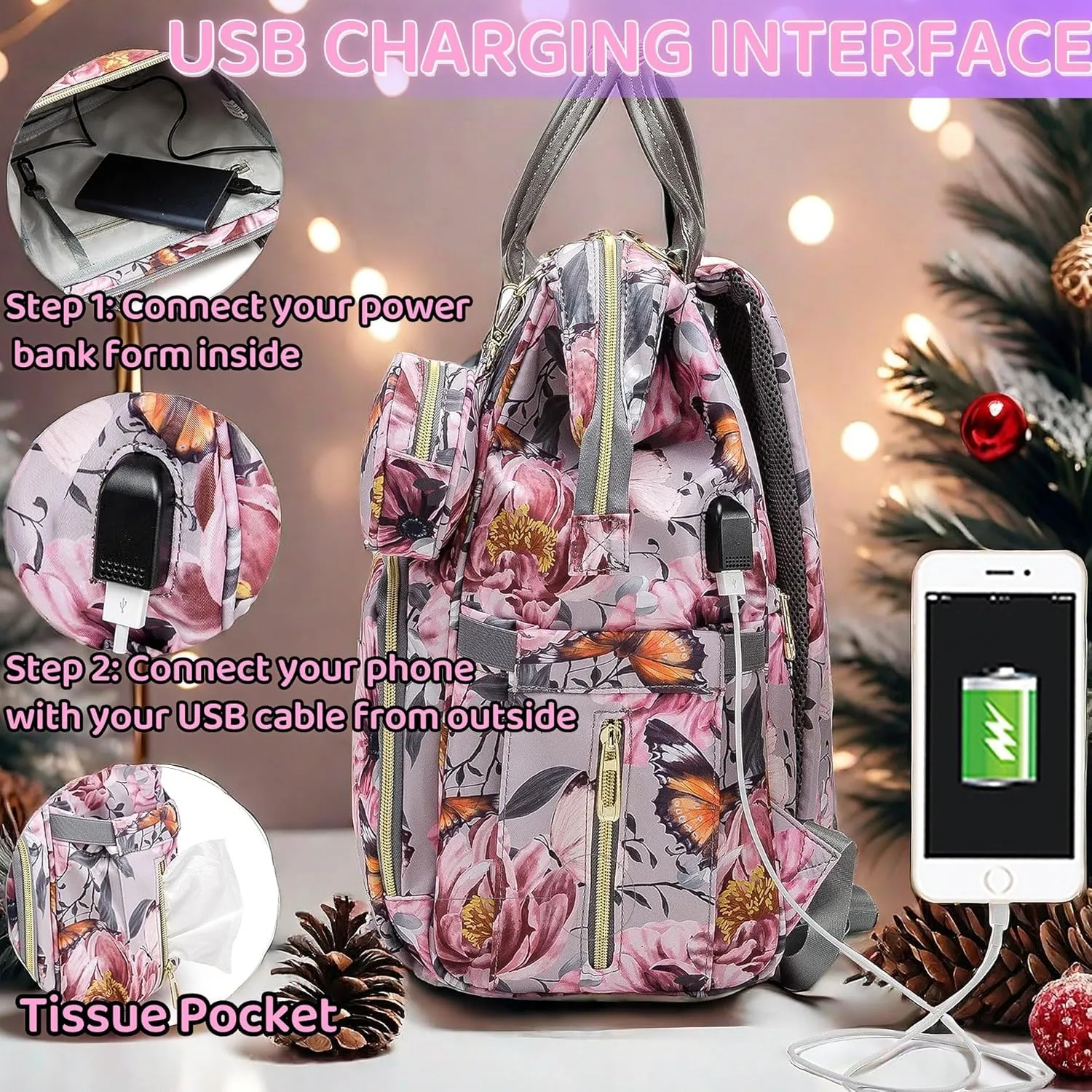Floral Diaper Bag Backpack with Coin Bag USB Charging Port Stroller Straps and Insulated Pocket,Travel Nappy Backpack For Women/Mom (Grey Pink Flower Pattern)
