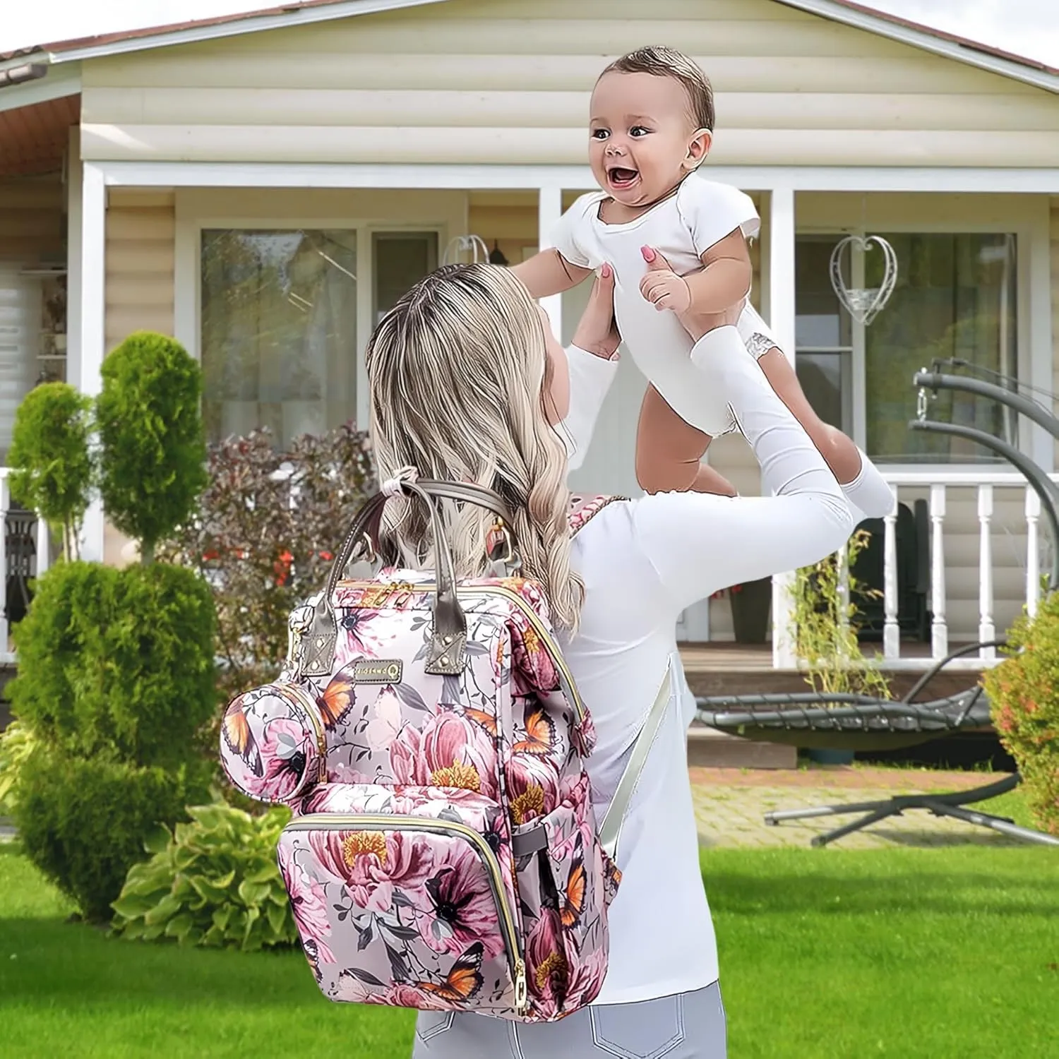 Floral Diaper Bag Backpack with Coin Bag USB Charging Port Stroller Straps and Insulated Pocket,Travel Nappy Backpack For Women/Mom (Grey Pink Flower Pattern)