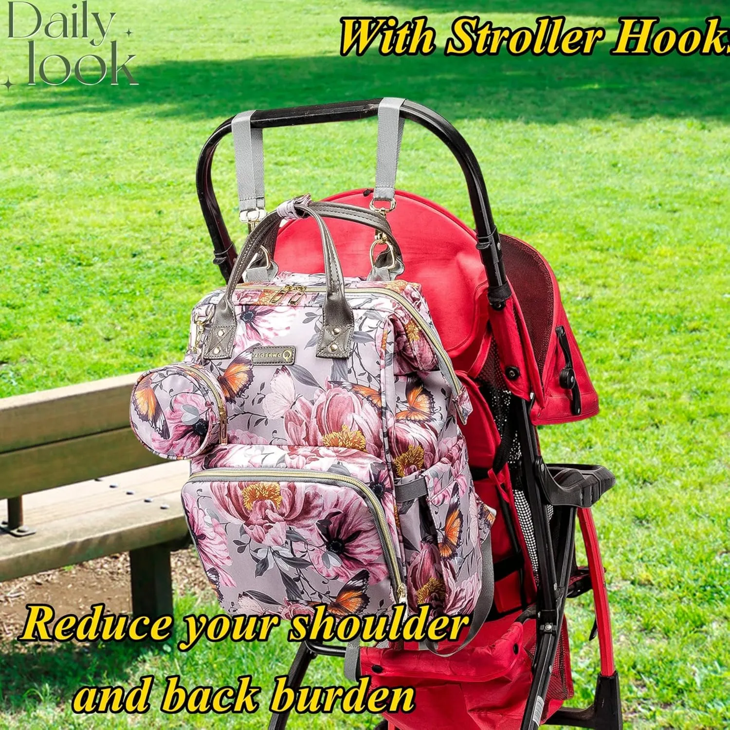 Floral Diaper Bag Backpack with Coin Bag USB Charging Port Stroller Straps and Insulated Pocket,Travel Nappy Backpack For Women/Mom (Grey Pink Flower Pattern)
