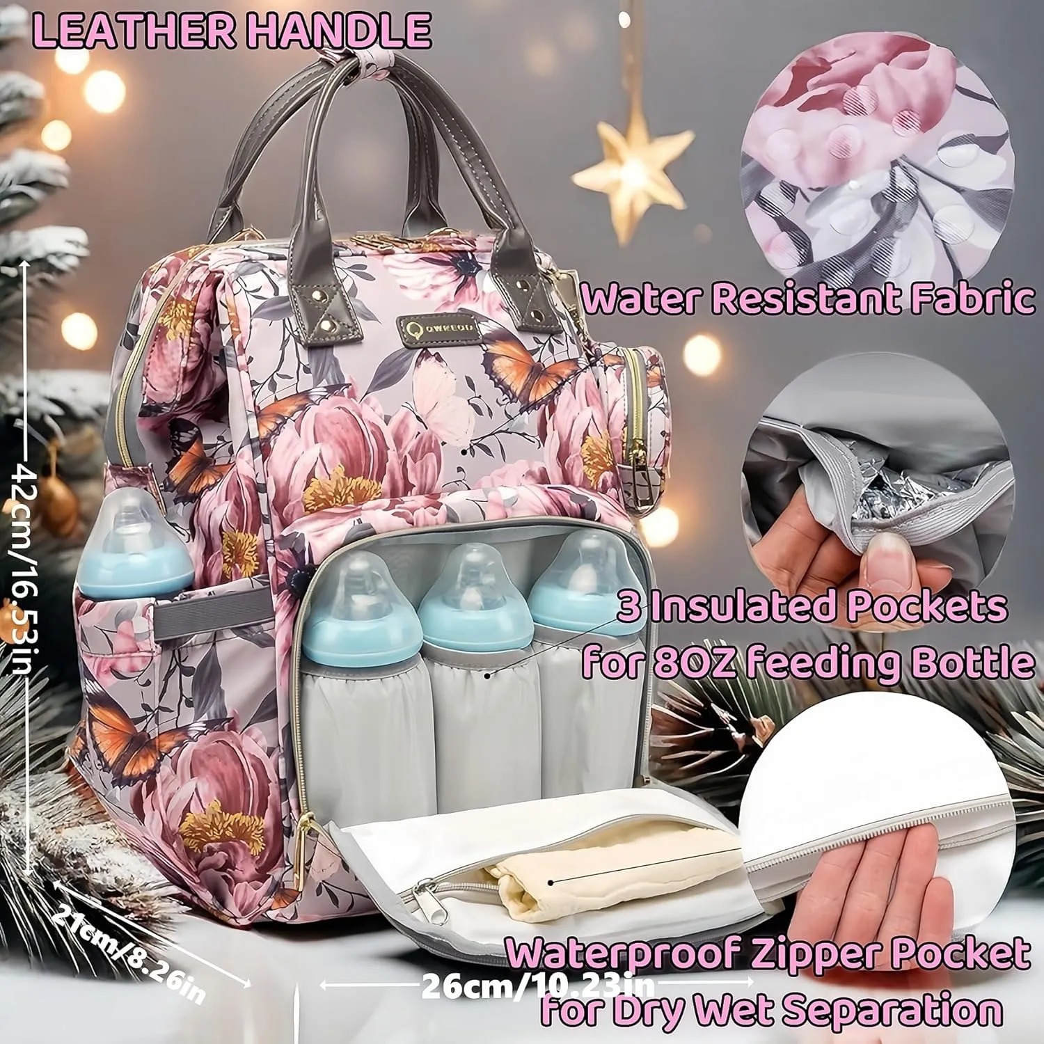 Floral Diaper Bag Backpack with Coin Bag USB Charging Port Stroller Straps and Insulated Pocket,Travel Nappy Backpack For Women/Mom (Grey Pink Flower Pattern)