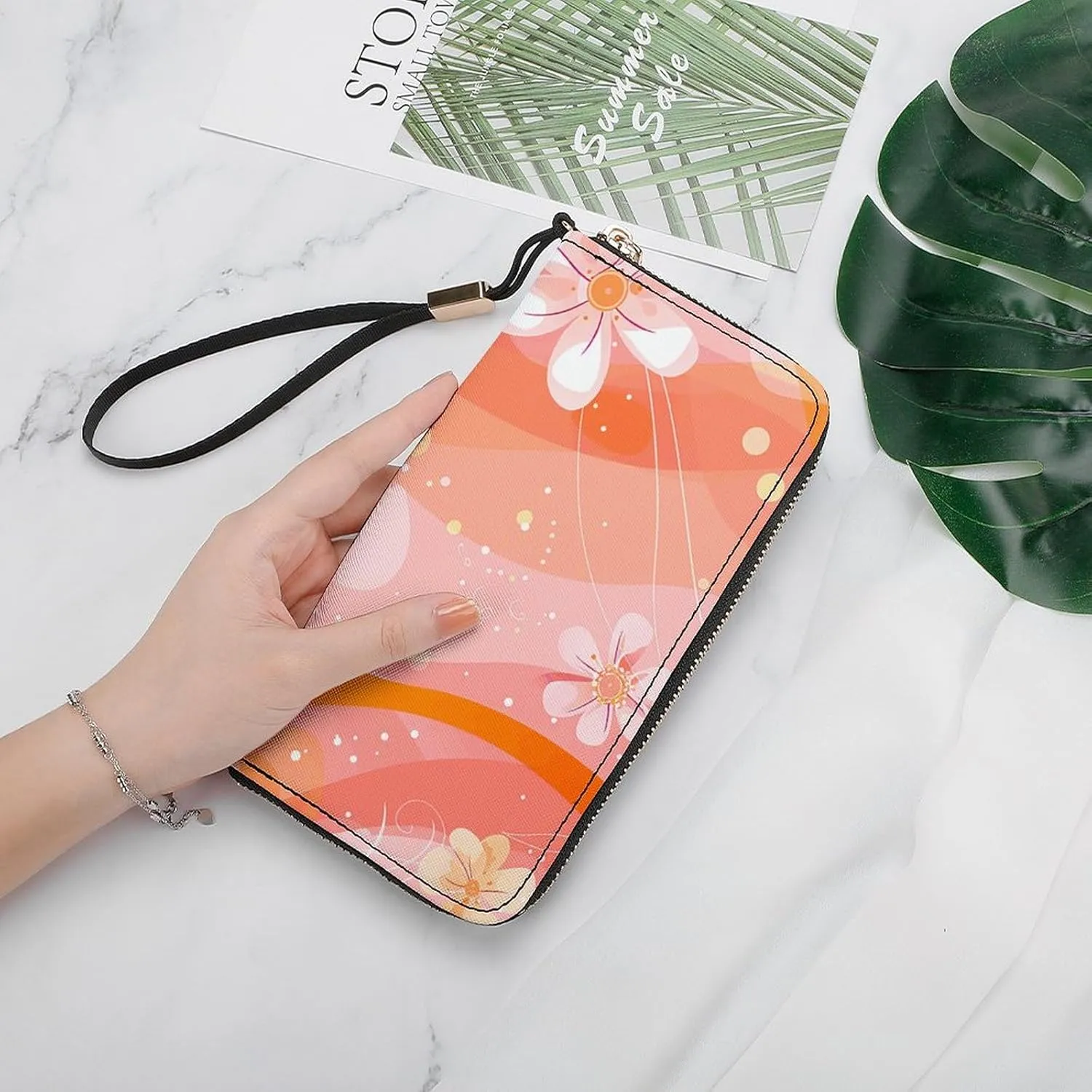 Flowers And Swirls Wristlet Long Wallet Womens Purse Zip Clutch Large Capacity Leather Purse Credit Coin Purse