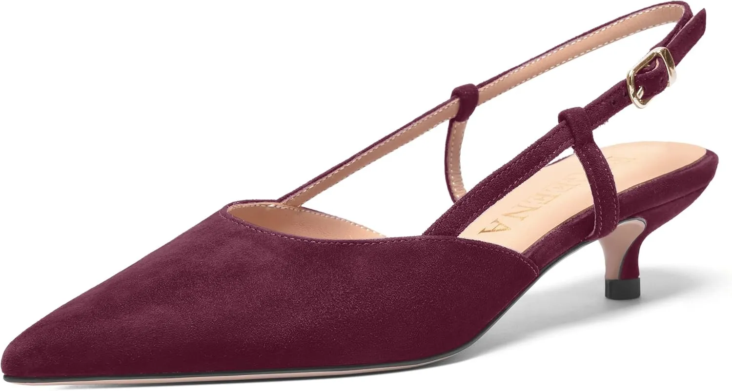 FOGEENA Womens Pointed Toe Evening Slip On Dress Suede Leather Slingback Kitten Low Heel Pumps Shoes 1.5 Inch