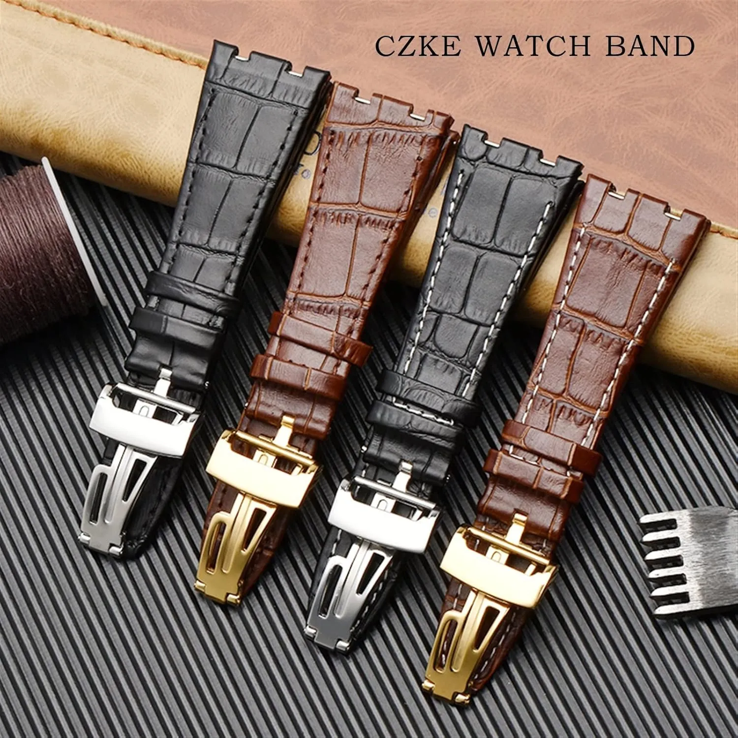 For AP 15400 wrist straps 26mm watchband Genuine Leather Handmade Watch Band with steel deployment buckle