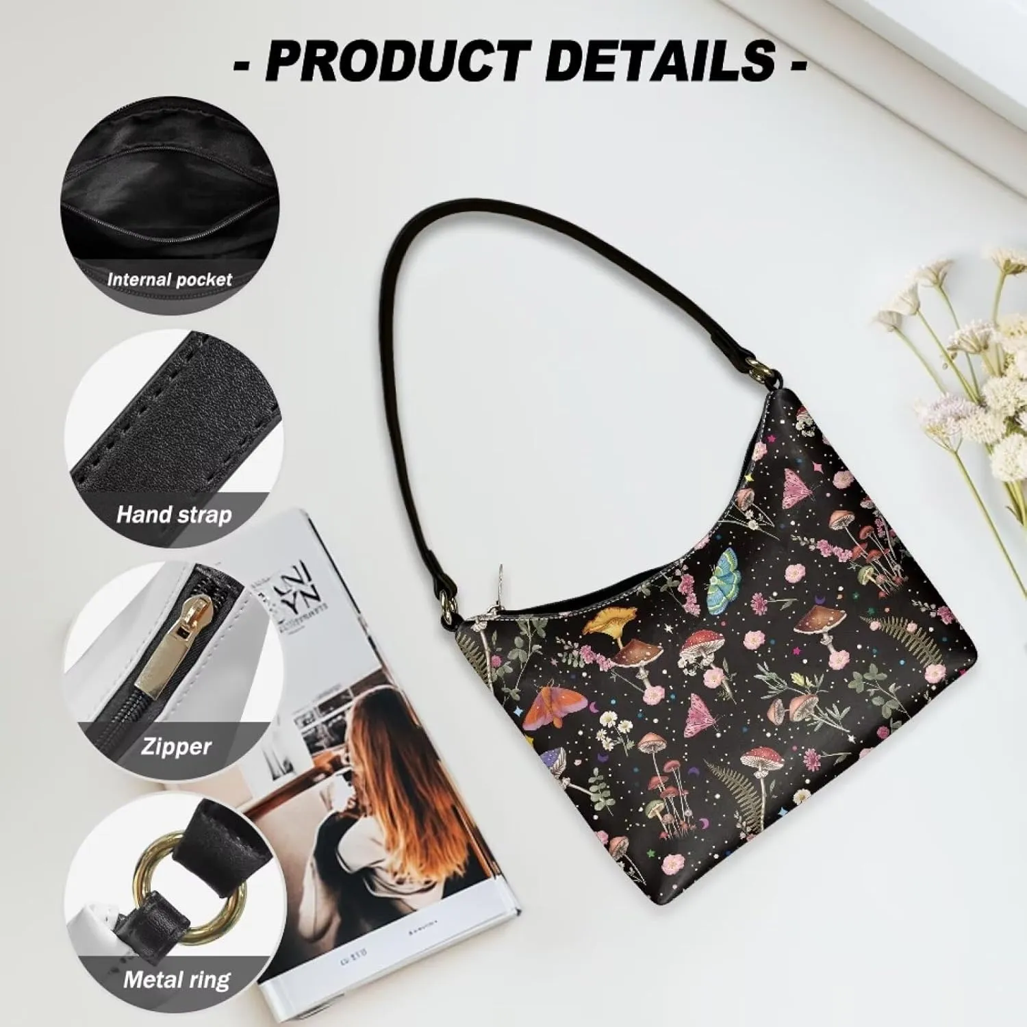 FOR U DESIGNS Shoulder Bag for Women Hobo Purses Mushroom Cute Tote Bag for Work Gym School Office Travel Leather Handbags