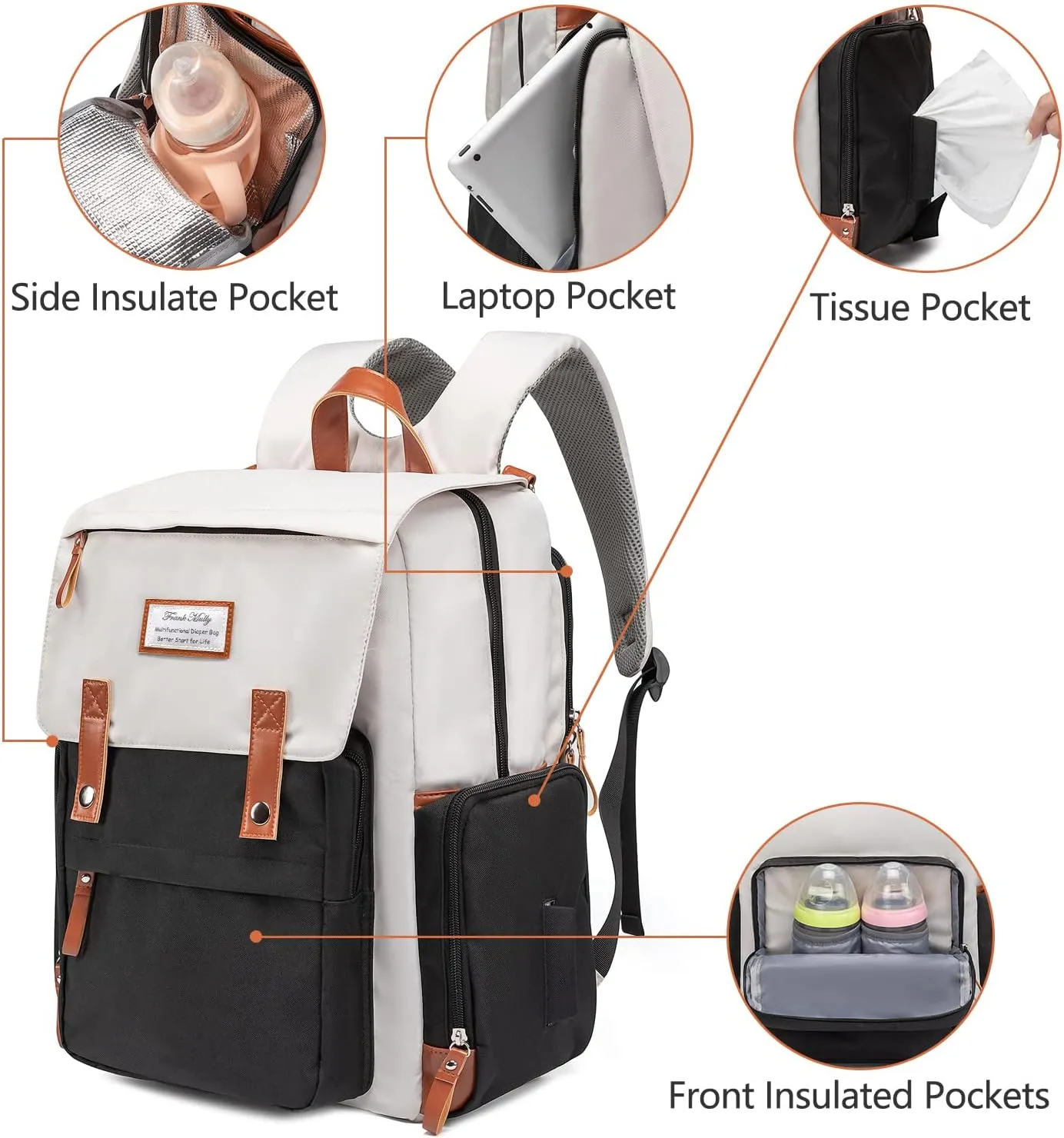 Frank Mully Diaper Bag Backpack Large Multifunction Travel Baby Bag for Mom Dad Black White