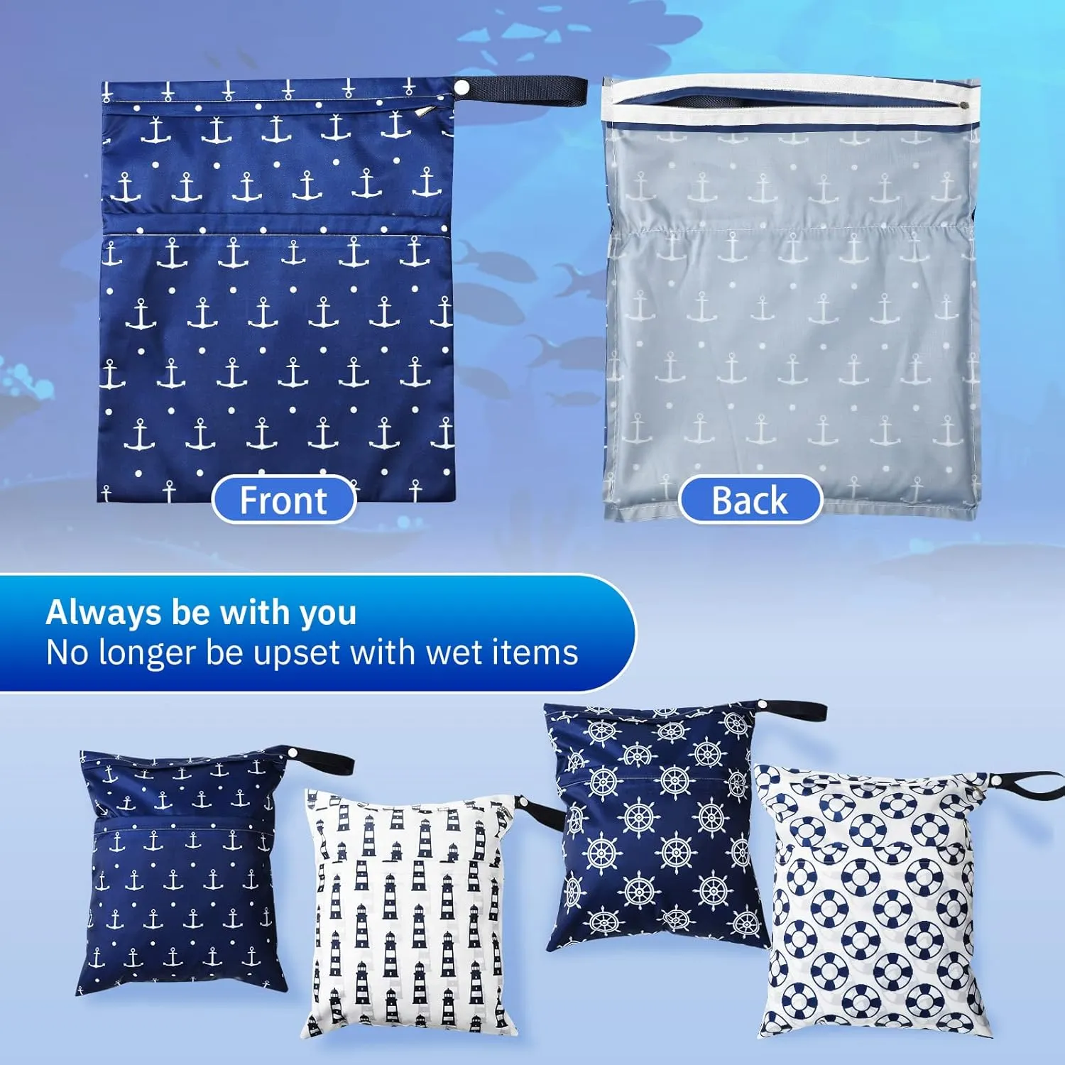 Frienda 4 Pieces Wet Dry Bag for Baby Waterproof Reusable Washable Diaper Bag Sealed with Handle for Travel, Beach, Swimsuit, Diapers, Dirty Gym Clothes and Toiletries (Nautical Style)