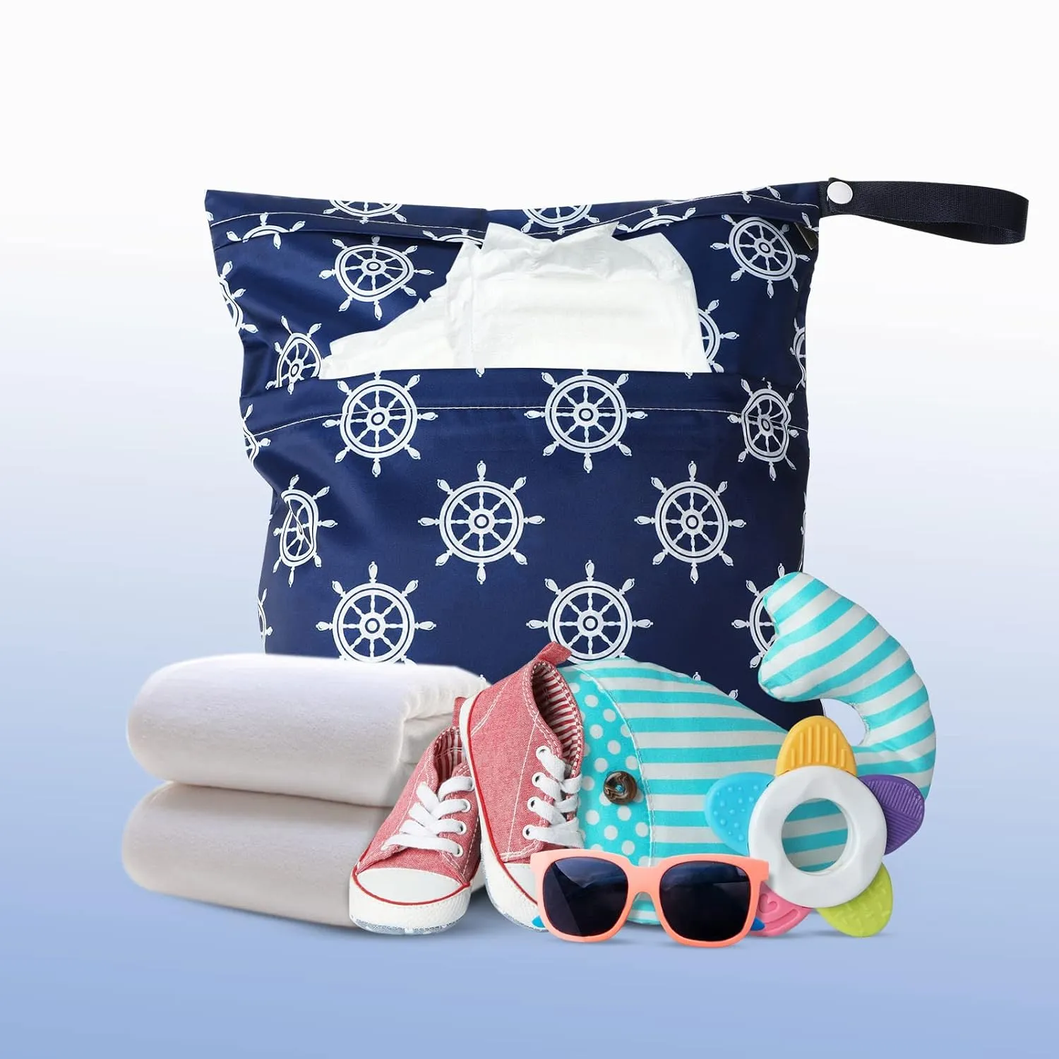 Frienda 4 Pieces Wet Dry Bag for Baby Waterproof Reusable Washable Diaper Bag Sealed with Handle for Travel, Beach, Swimsuit, Diapers, Dirty Gym Clothes and Toiletries (Nautical Style)