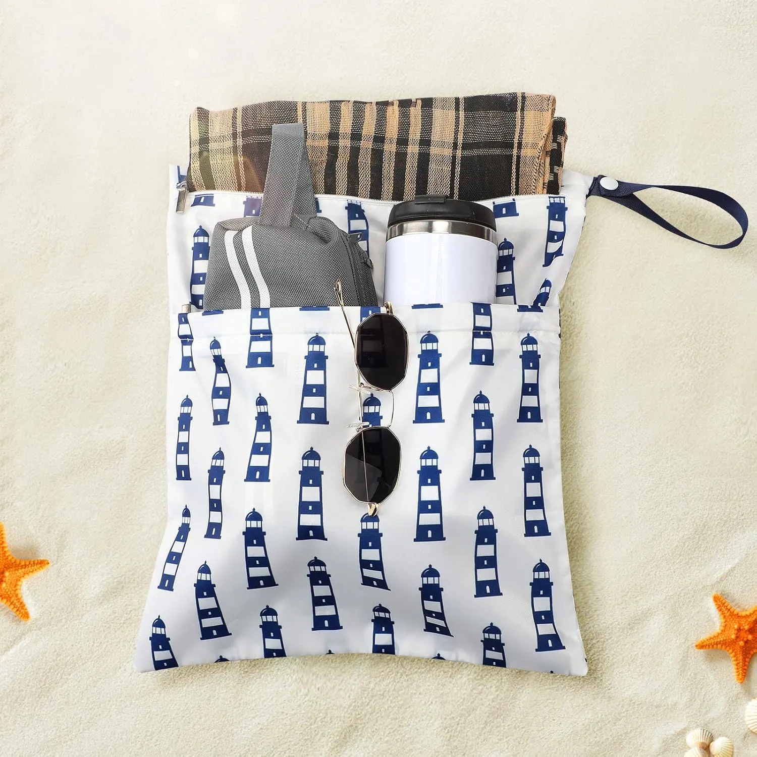 Frienda 4 Pieces Wet Dry Bag for Baby Waterproof Reusable Washable Diaper Bag Sealed with Handle for Travel, Beach, Swimsuit, Diapers, Dirty Gym Clothes and Toiletries (Nautical Style)