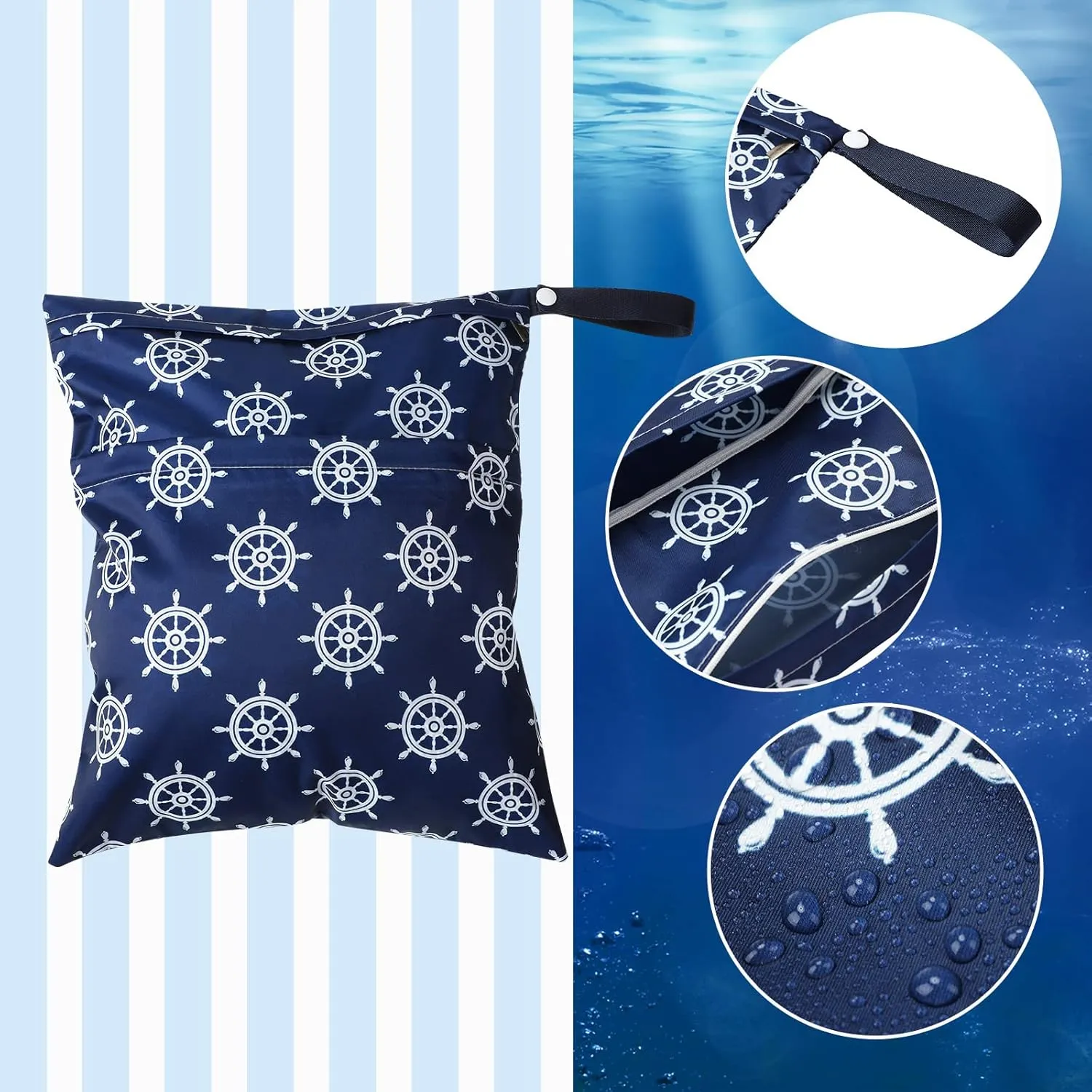 Frienda 4 Pieces Wet Dry Bag for Baby Waterproof Reusable Washable Diaper Bag Sealed with Handle for Travel, Beach, Swimsuit, Diapers, Dirty Gym Clothes and Toiletries (Nautical Style)