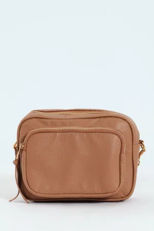 Front Zip Camera Bag With Webbing Strap - Tan