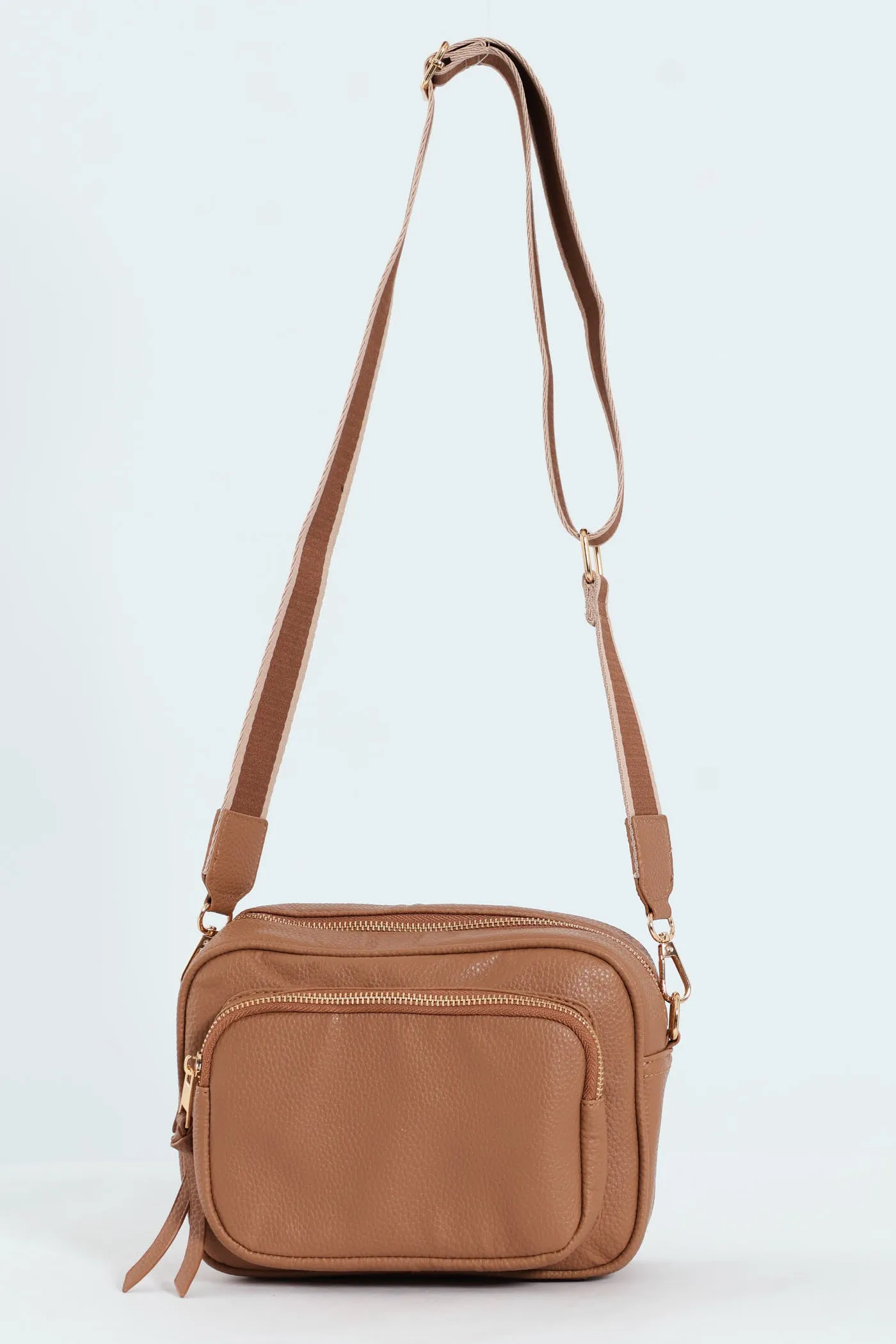 Front Zip Camera Bag With Webbing Strap - Tan