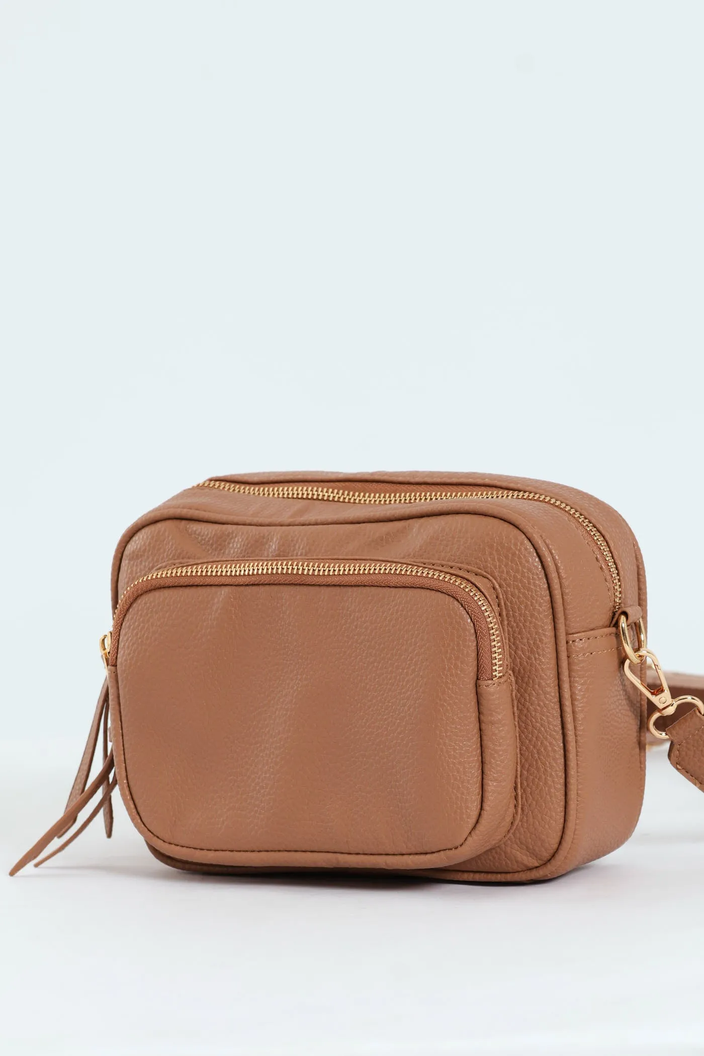 Front Zip Camera Bag With Webbing Strap - Tan