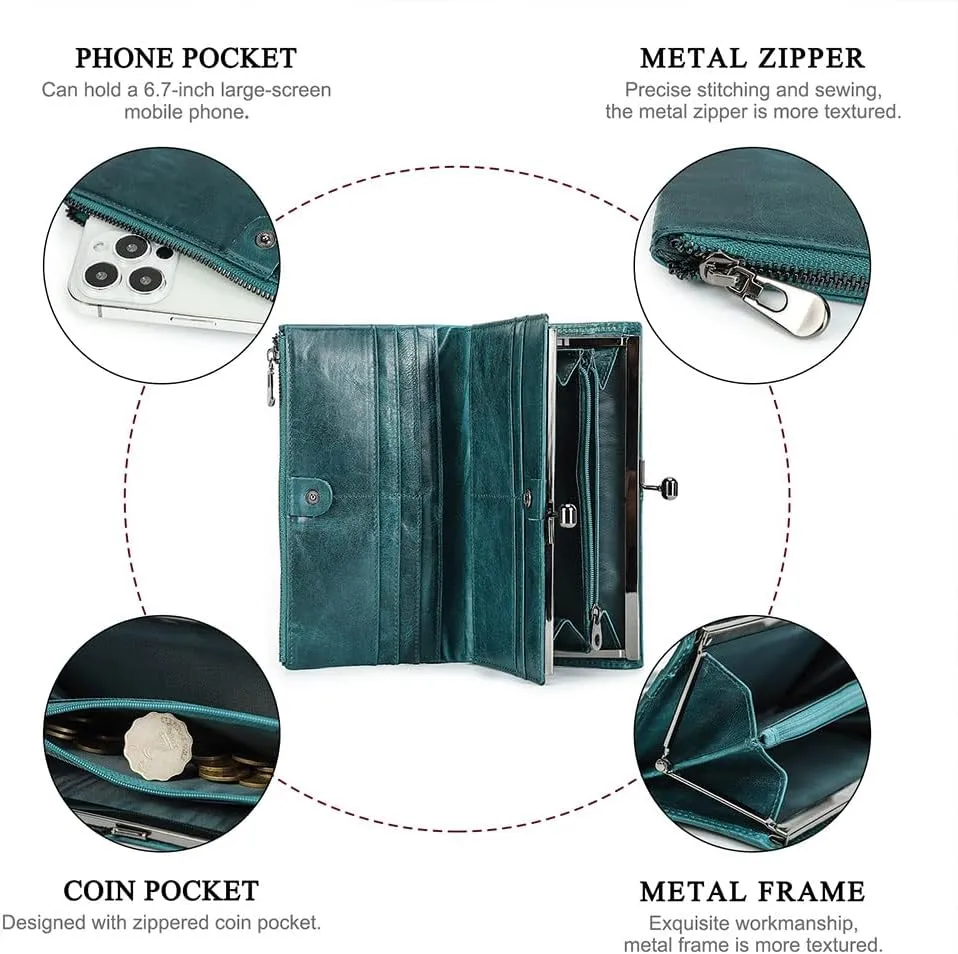 Full Grain Leather Kiss Lock Wallet for Women Vintage Kiss Clasp Wallet Coin Purse RFID Bifold Phone Wallet Card Holder (Peacock Blue)