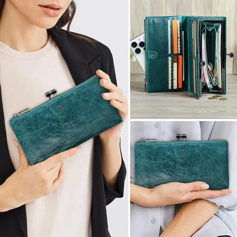 Full Grain Leather Kiss Lock Wallet for Women Vintage Kiss Clasp Wallet Coin Purse RFID Bifold Phone Wallet Card Holder (Peacock Blue)